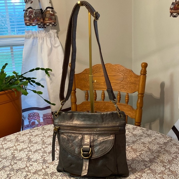 Fossil Handbags - Fossil Leather Grey Rustic Crossbody Shoulder Bag Purse ~ Brass‎ Hardware